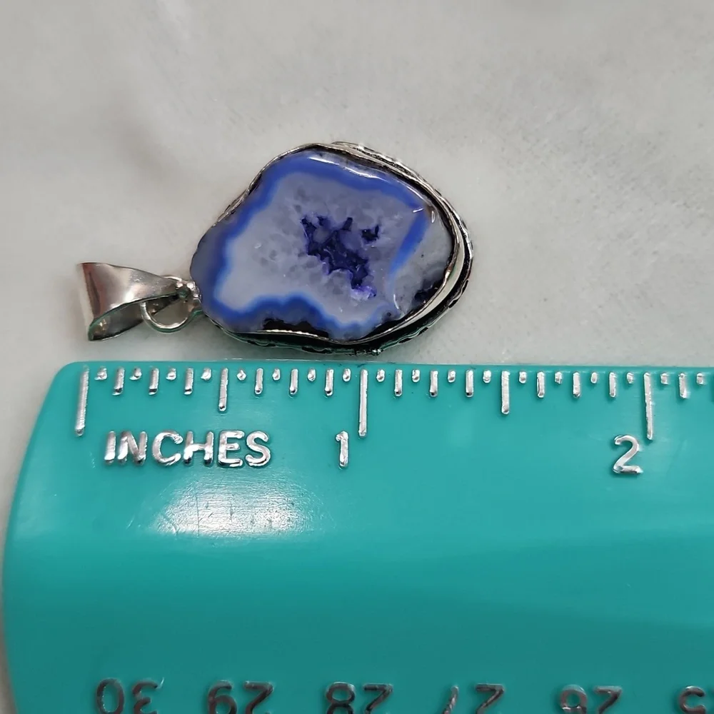 Blue Quartz Crystal Natural Gemstone Necklace Pendant Sterling Silver Plated